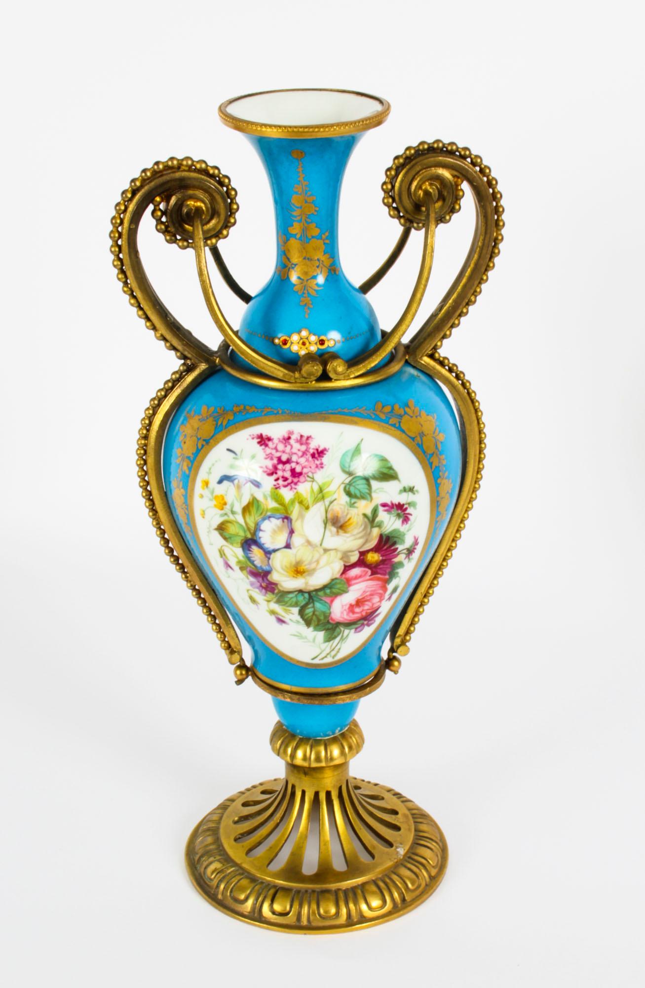 Antique Pair of French Ormolu Mounted Bleu Celeste Sèvres Vases, 19th Century For Sale 3
