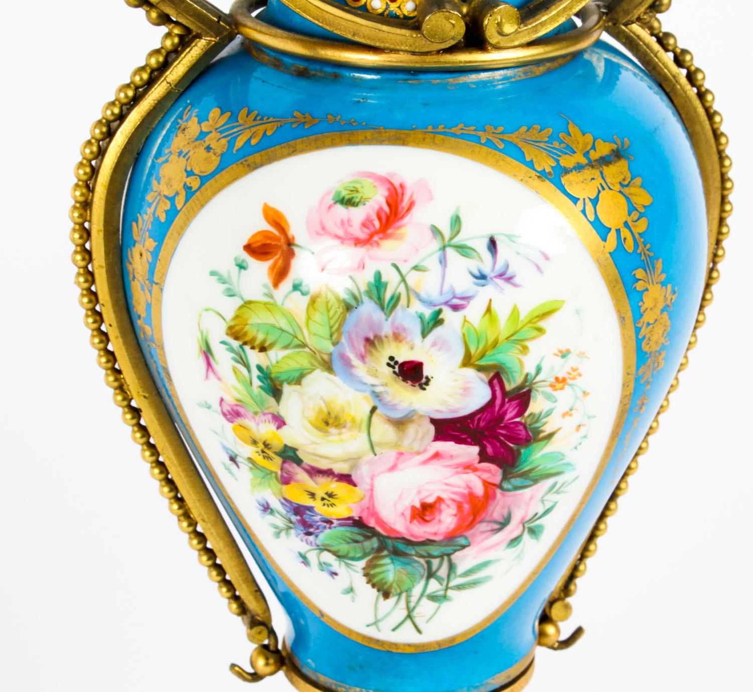 Antique Pair of French Ormolu Mounted Bleu Celeste Sèvres Vases, 19th Century For Sale 4