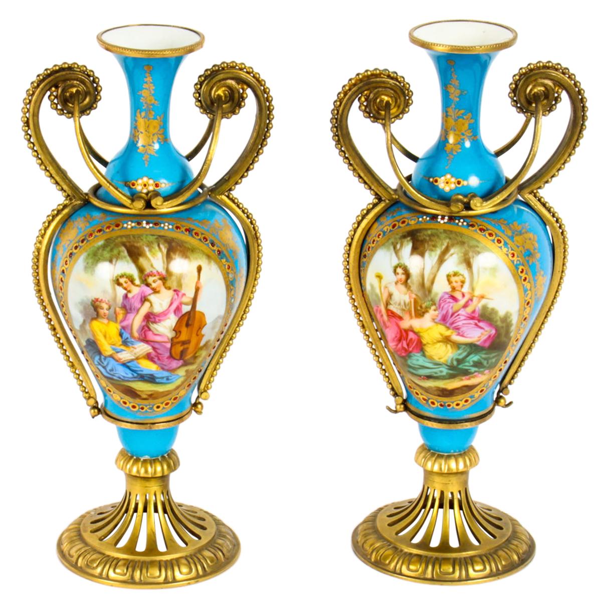 Antique Pair of French Ormolu Mounted Bleu Celeste Sèvres Vases, 19th Century For Sale