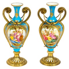 Vintage Pair of French Ormolu Mounted Bleu Celeste Sèvres Vases, 19th Century