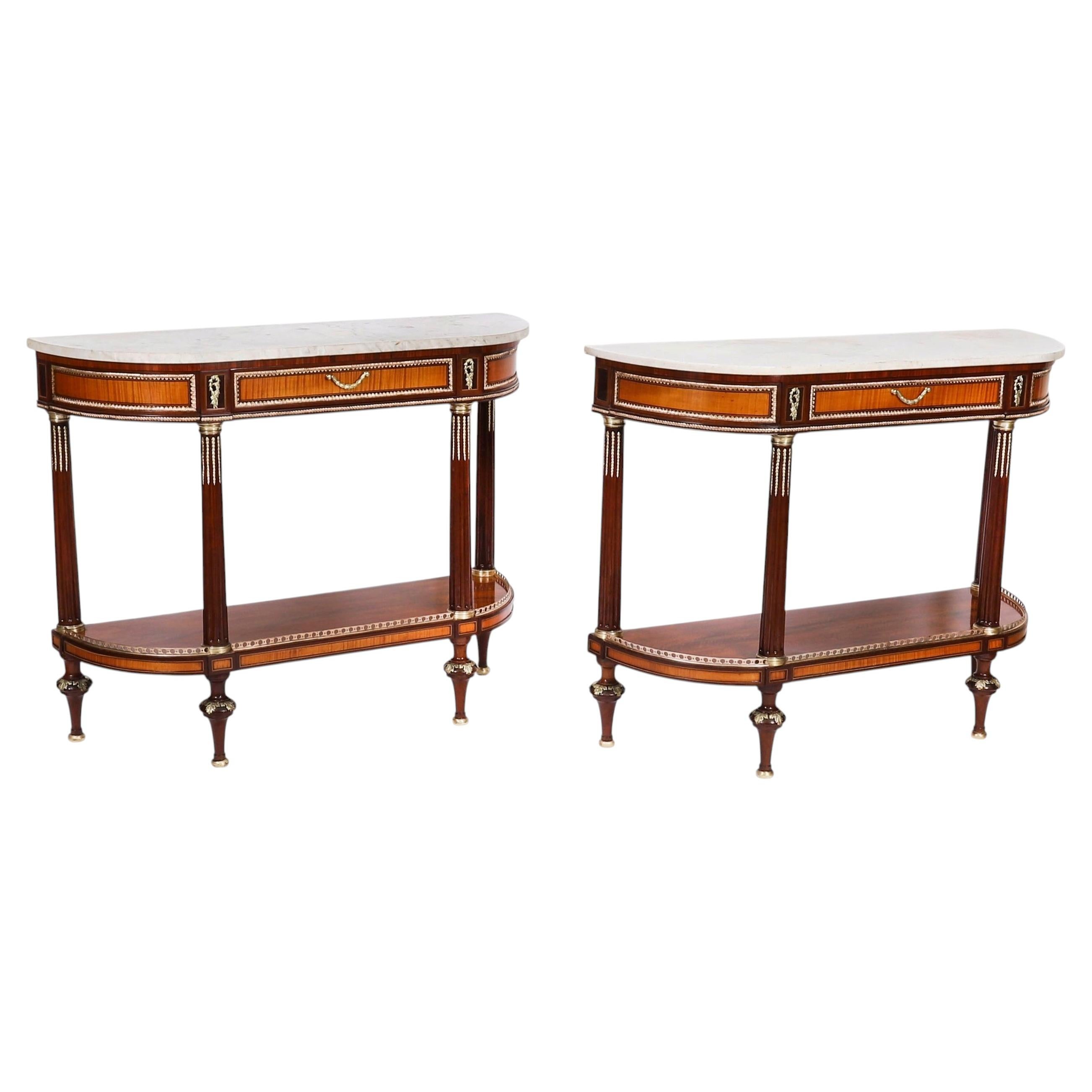 Antique French Pair Ormolu Mounted Carrara Marble Topped Console Tables 19th C.