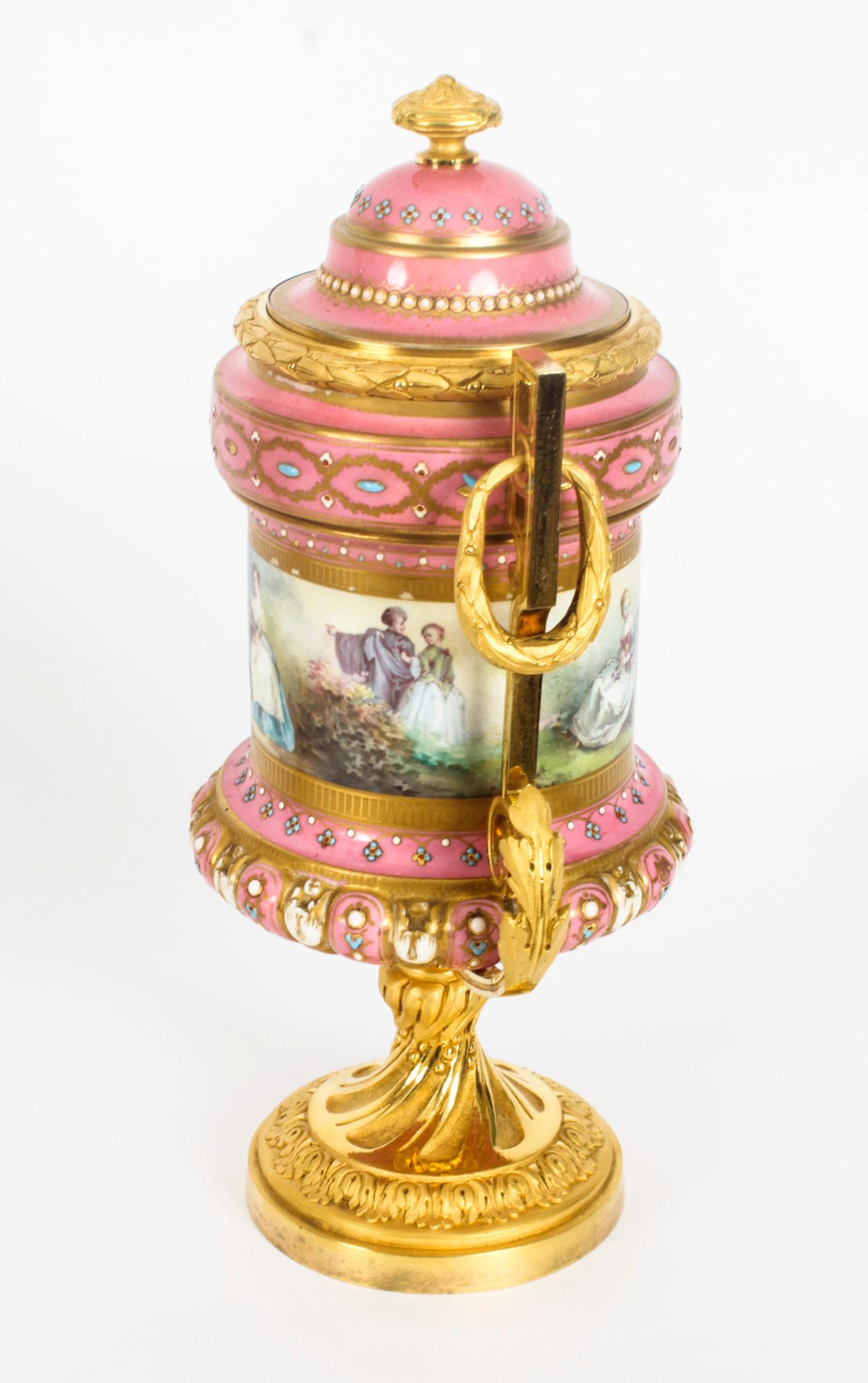 Antique Pair French Ormolu Mounted Pink Sevres Lidded Vases, 19th C For Sale 5