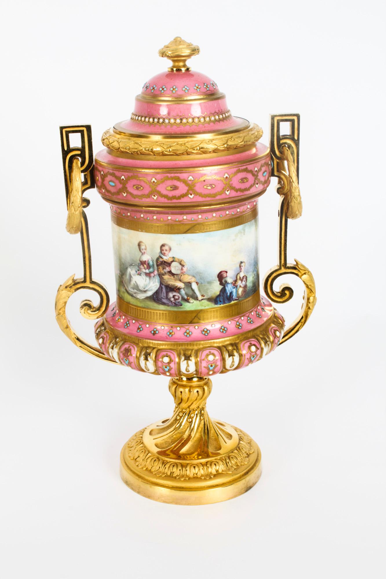 Antique Pair French Ormolu Mounted Pink Sevres Lidded Vases, 19th C For Sale 6