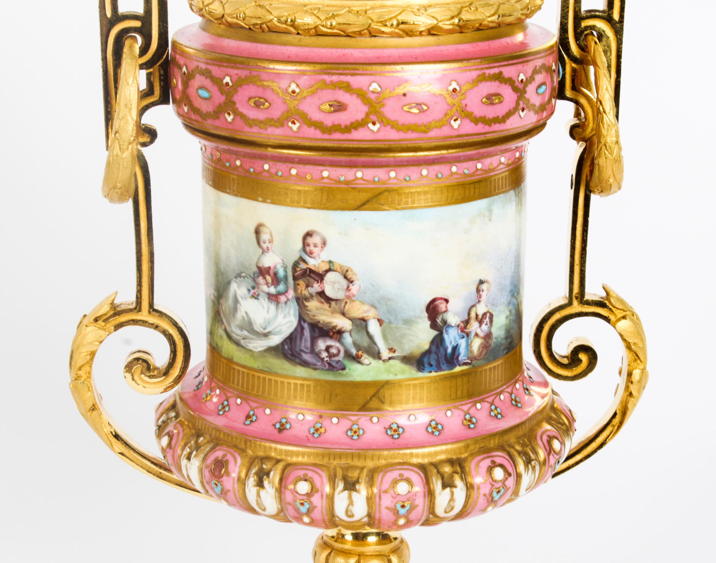 Antique Pair French Ormolu Mounted Pink Sevres Lidded Vases, 19th C For Sale 8
