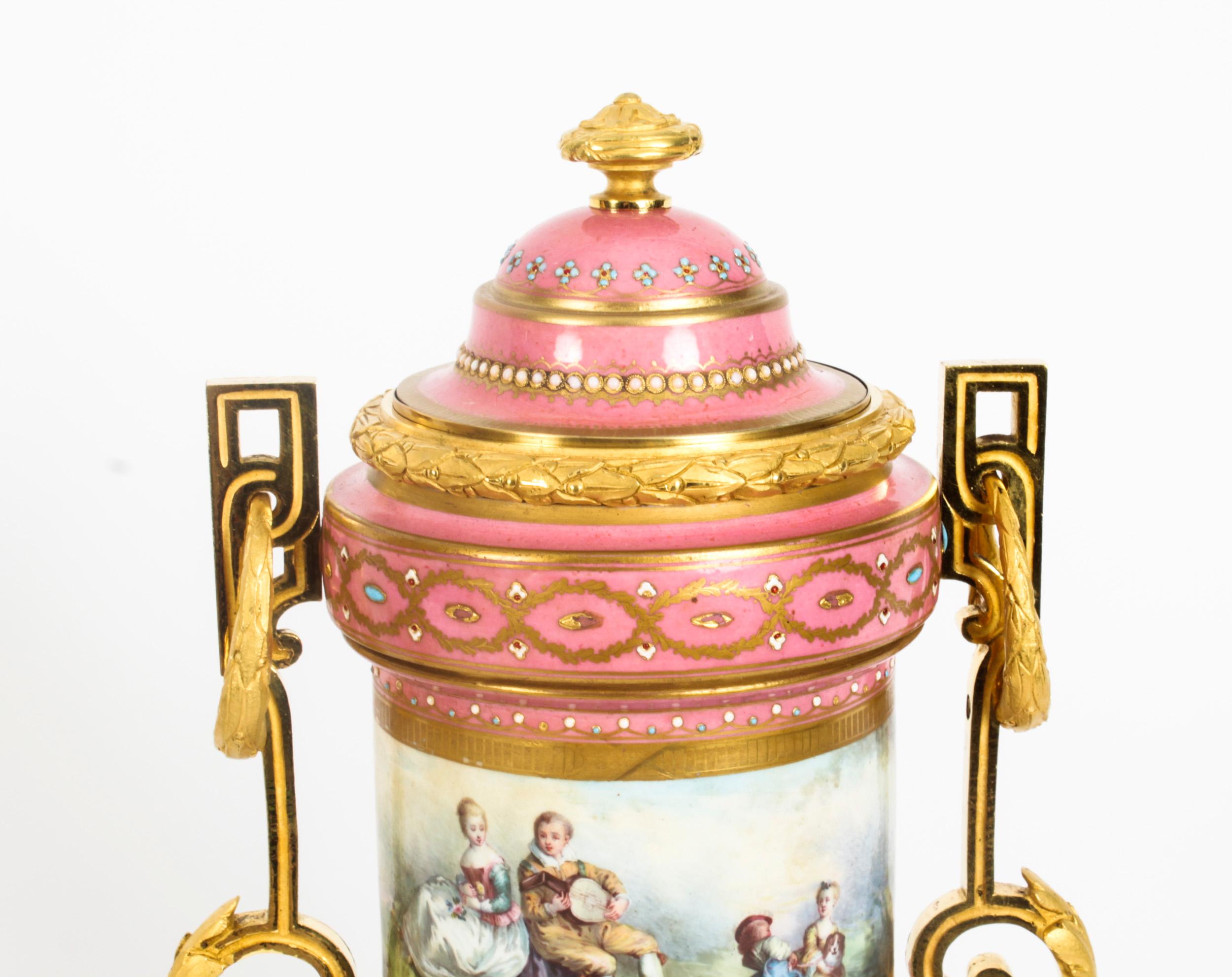 Antique Pair French Ormolu Mounted Pink Sevres Lidded Vases, 19th C For Sale 9