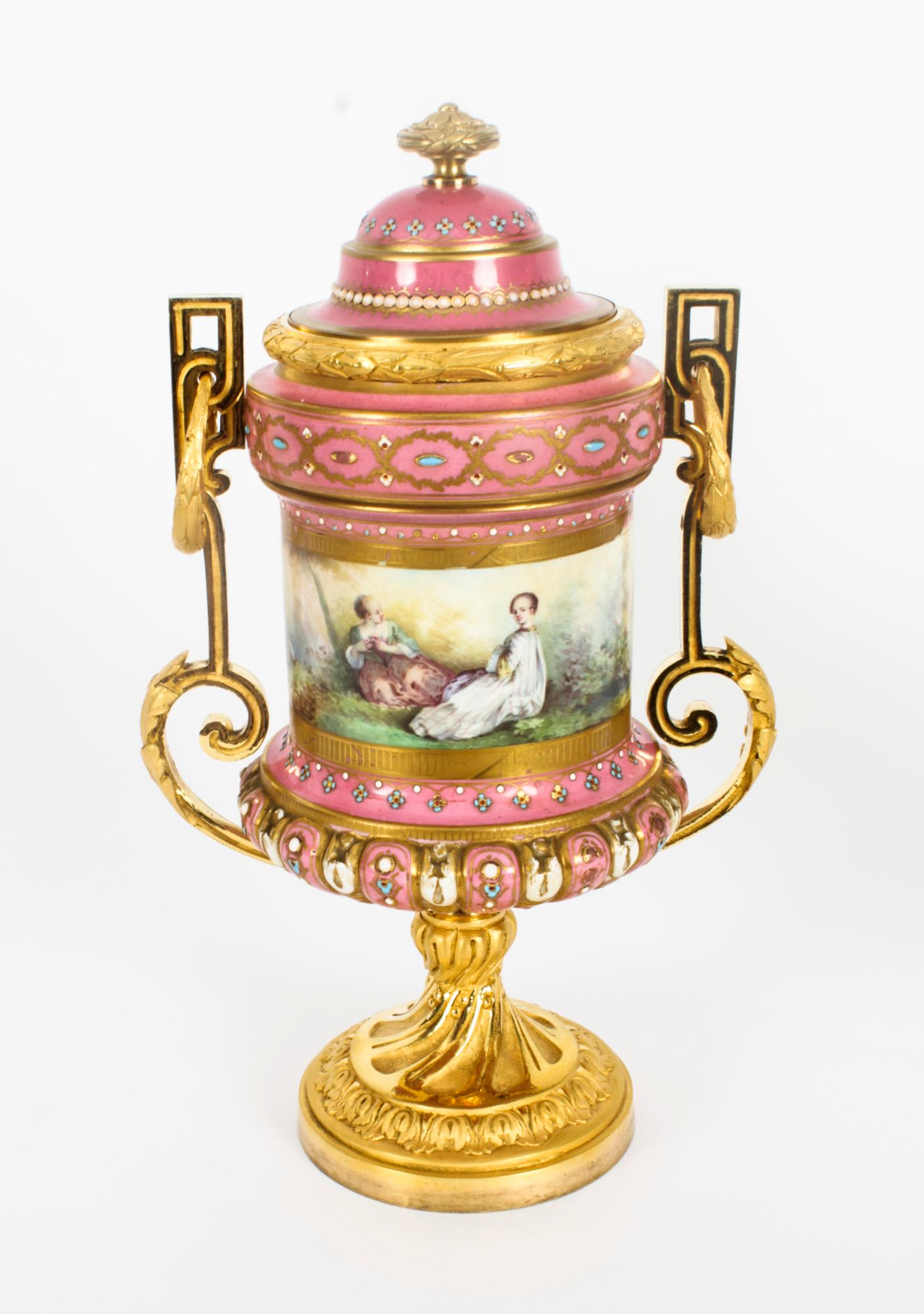 Antique Pair French Ormolu Mounted Pink Sevres Lidded Vases, 19th C For Sale 10