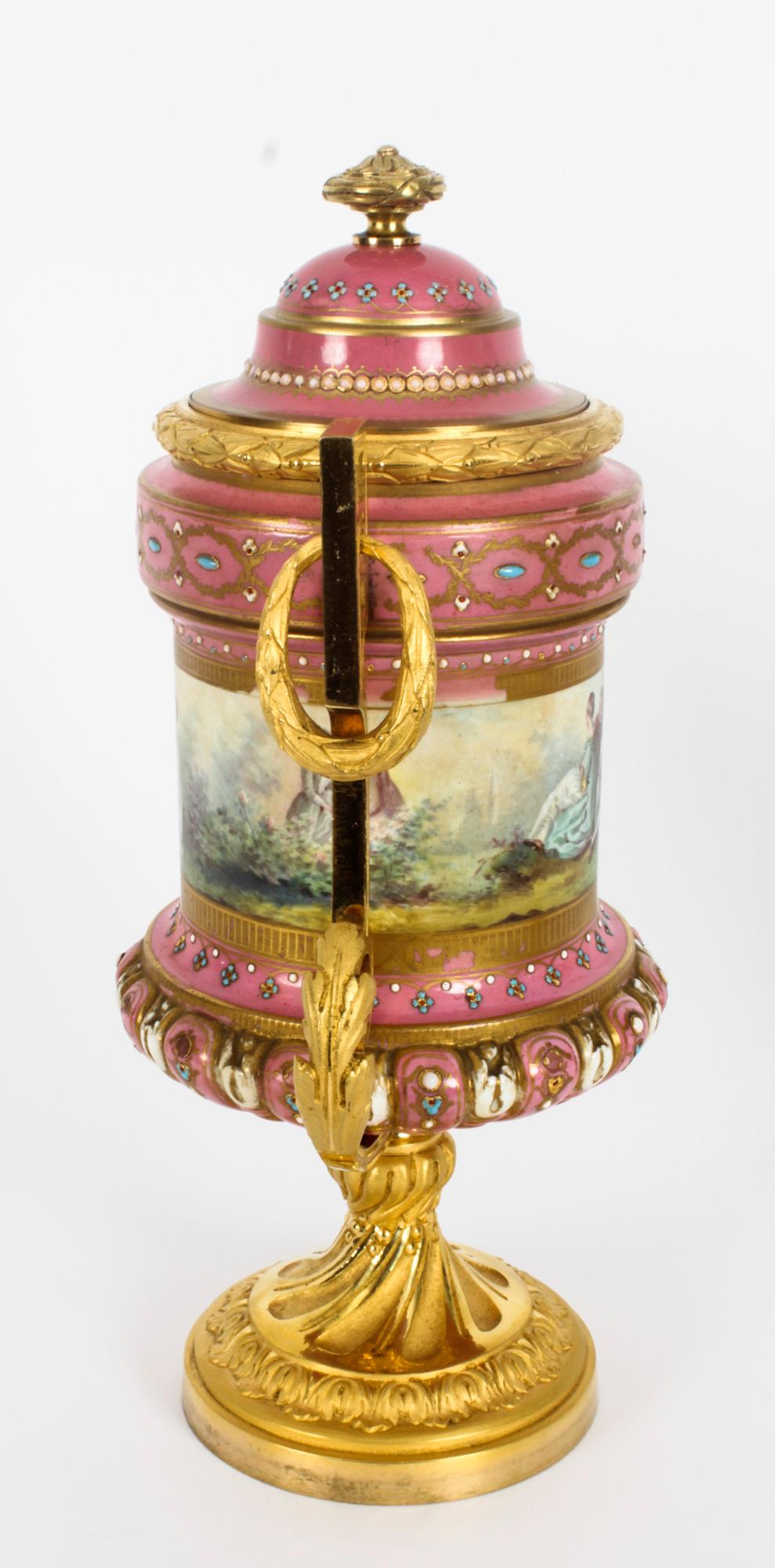 Antique Pair French Ormolu Mounted Pink Sevres Lidded Vases, 19th C For Sale 12