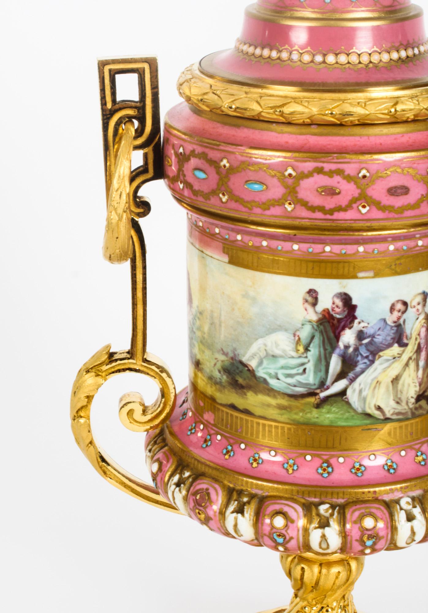 Antique Pair French Ormolu Mounted Pink Sevres Lidded Vases, 19th C For Sale 13