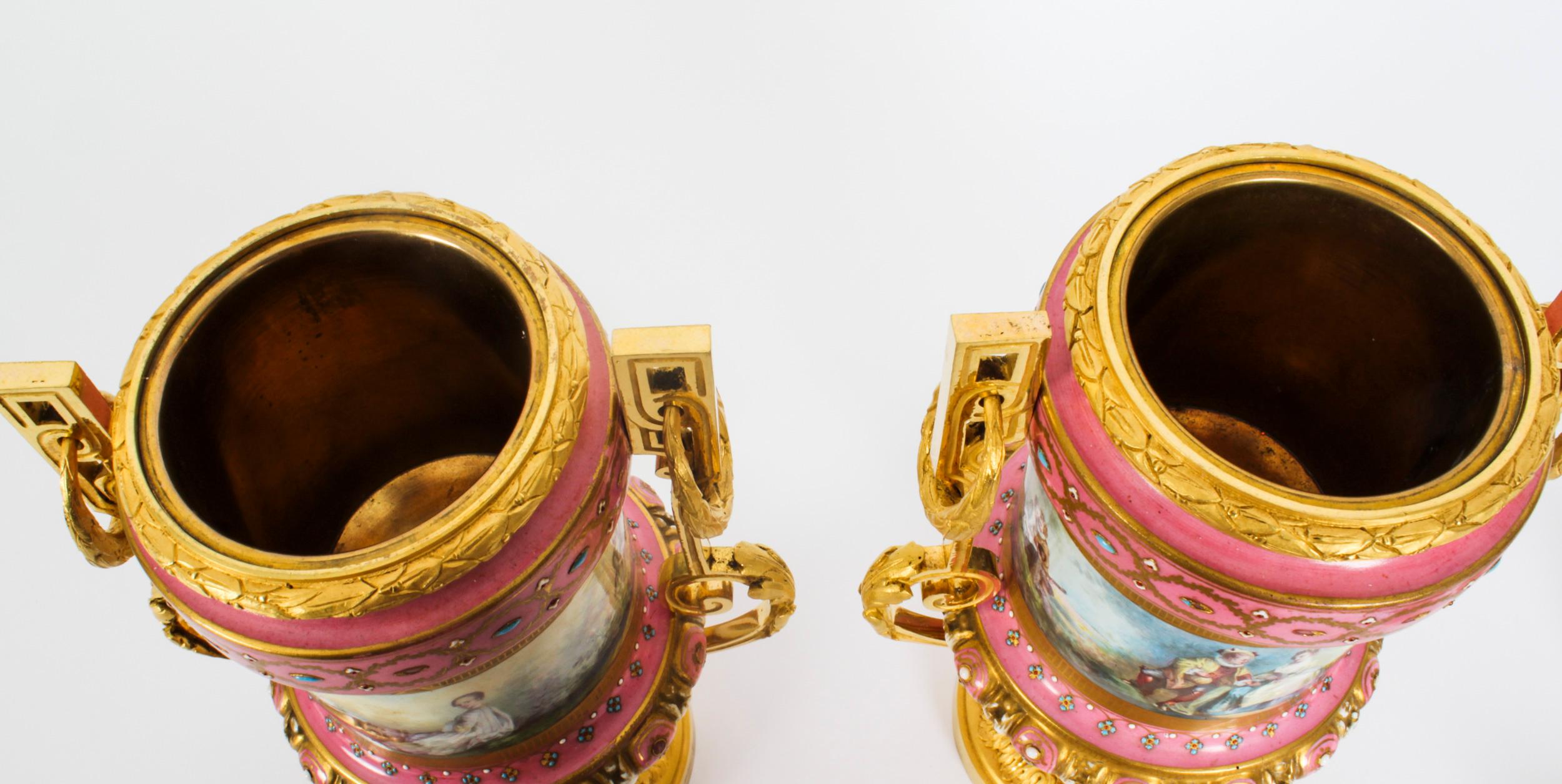 Antique Pair French Ormolu Mounted Pink Sevres Lidded Vases, 19th C For Sale 14