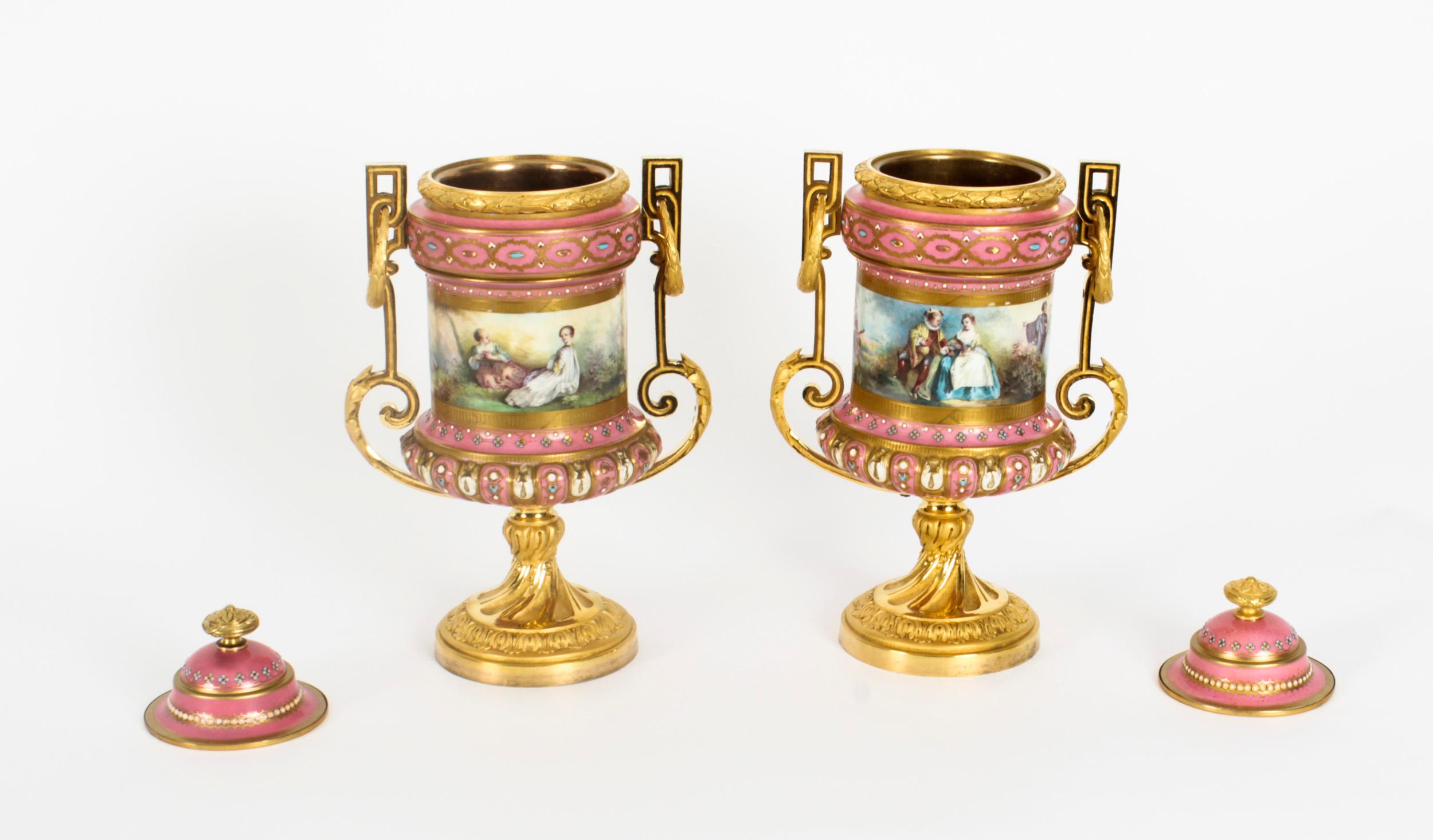 Antique Pair French Ormolu Mounted Pink Sevres Lidded Vases, 19th C For Sale 15
