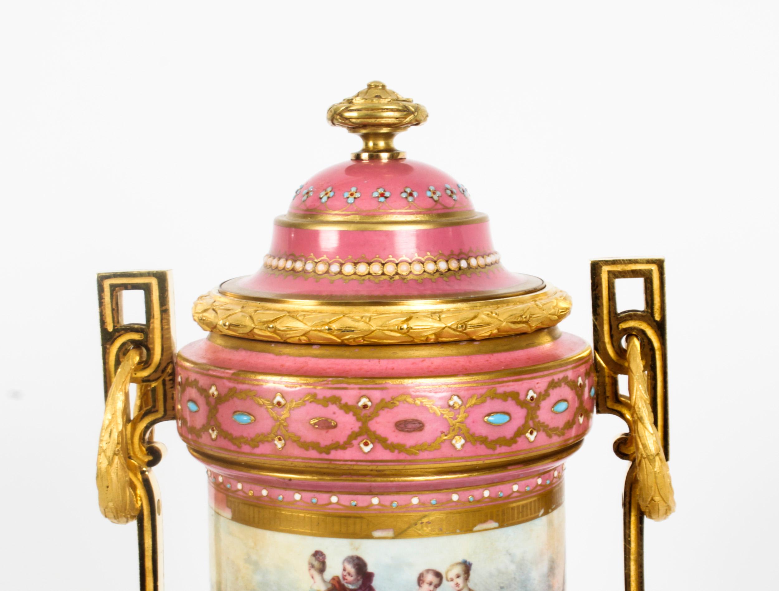Mid-19th Century Antique Pair French Ormolu Mounted Pink Sevres Lidded Vases, 19th C For Sale