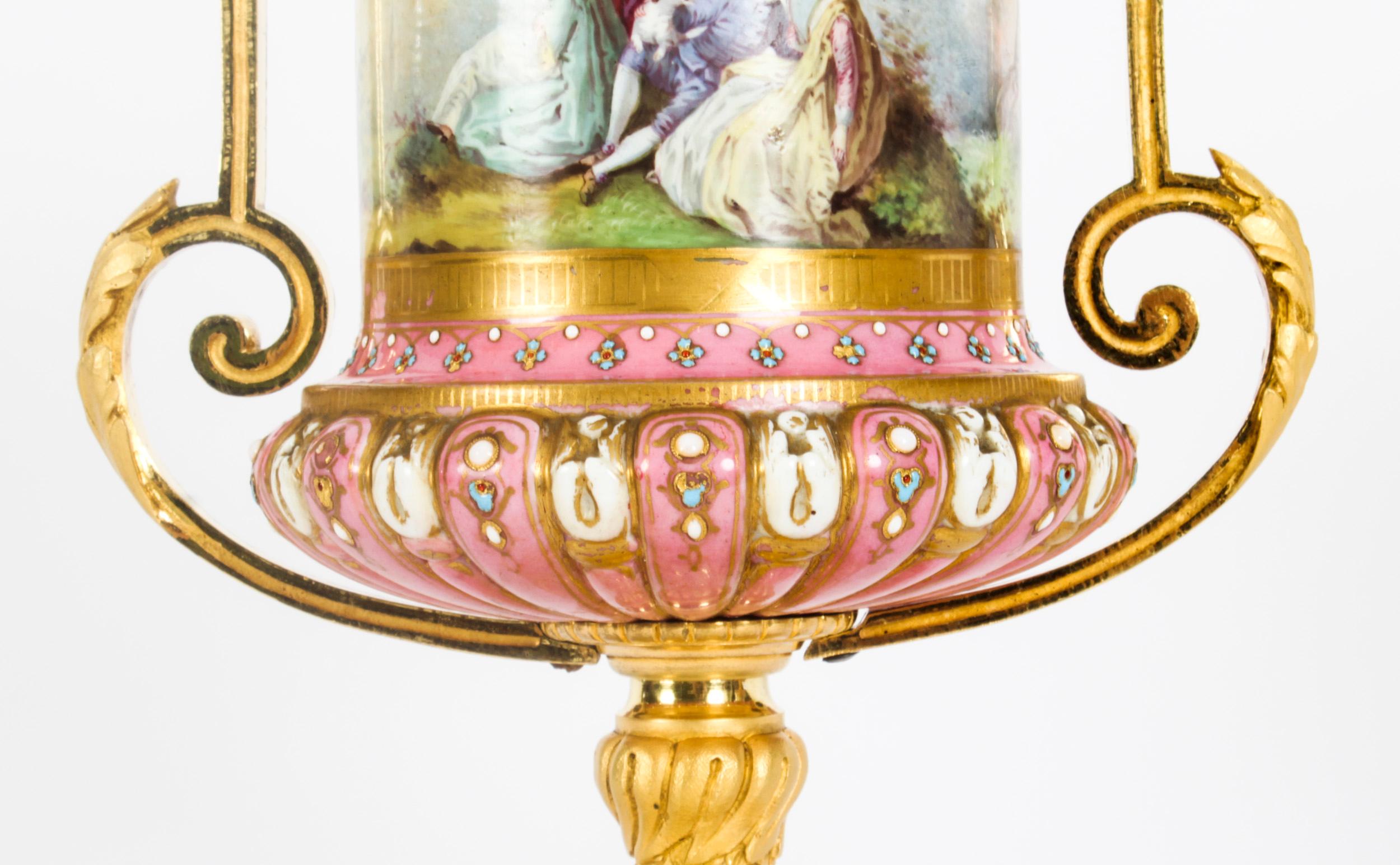 Porcelain Antique Pair French Ormolu Mounted Pink Sevres Lidded Vases, 19th C For Sale