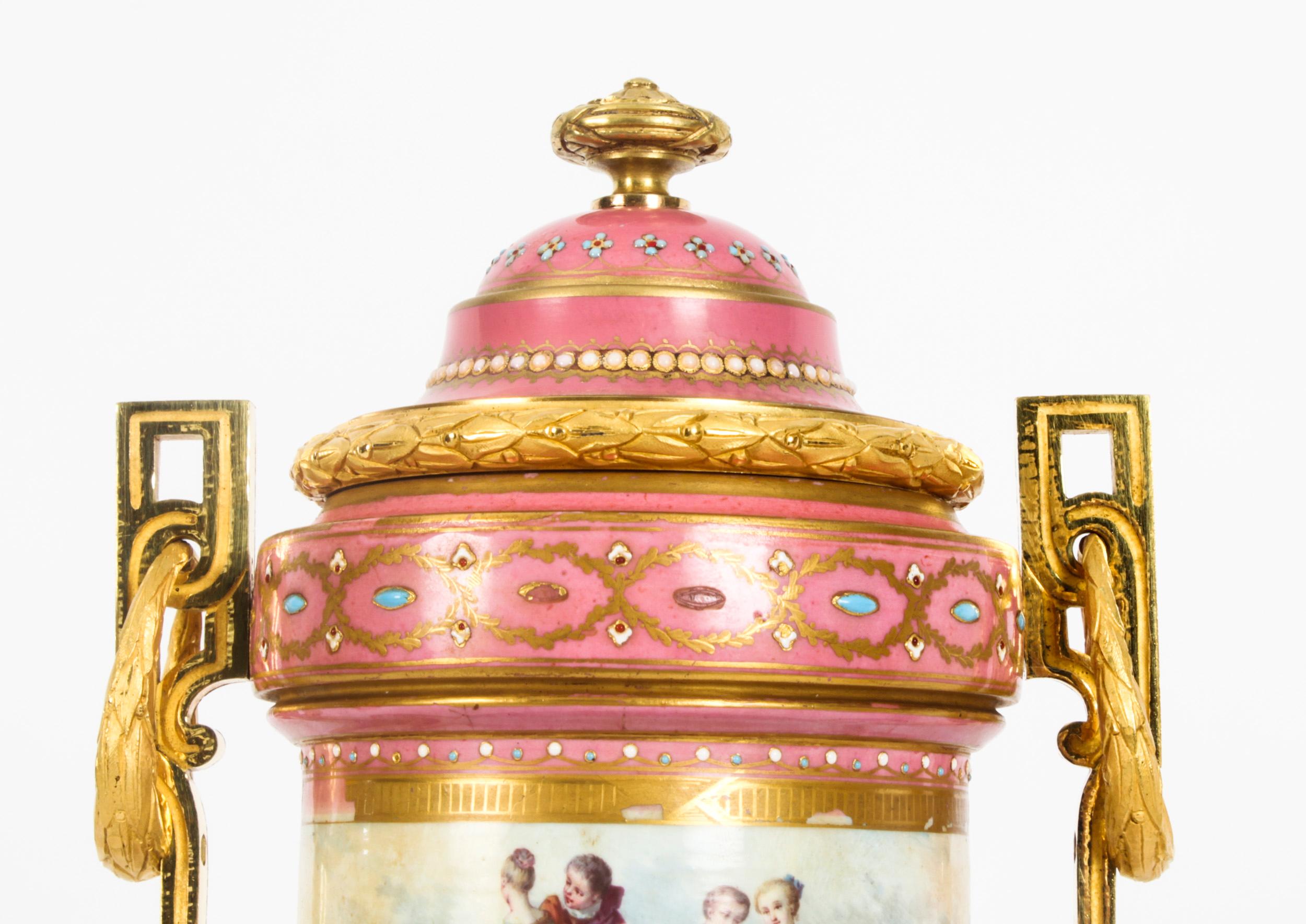 Antique Pair French Ormolu Mounted Pink Sevres Lidded Vases, 19th C For Sale 1