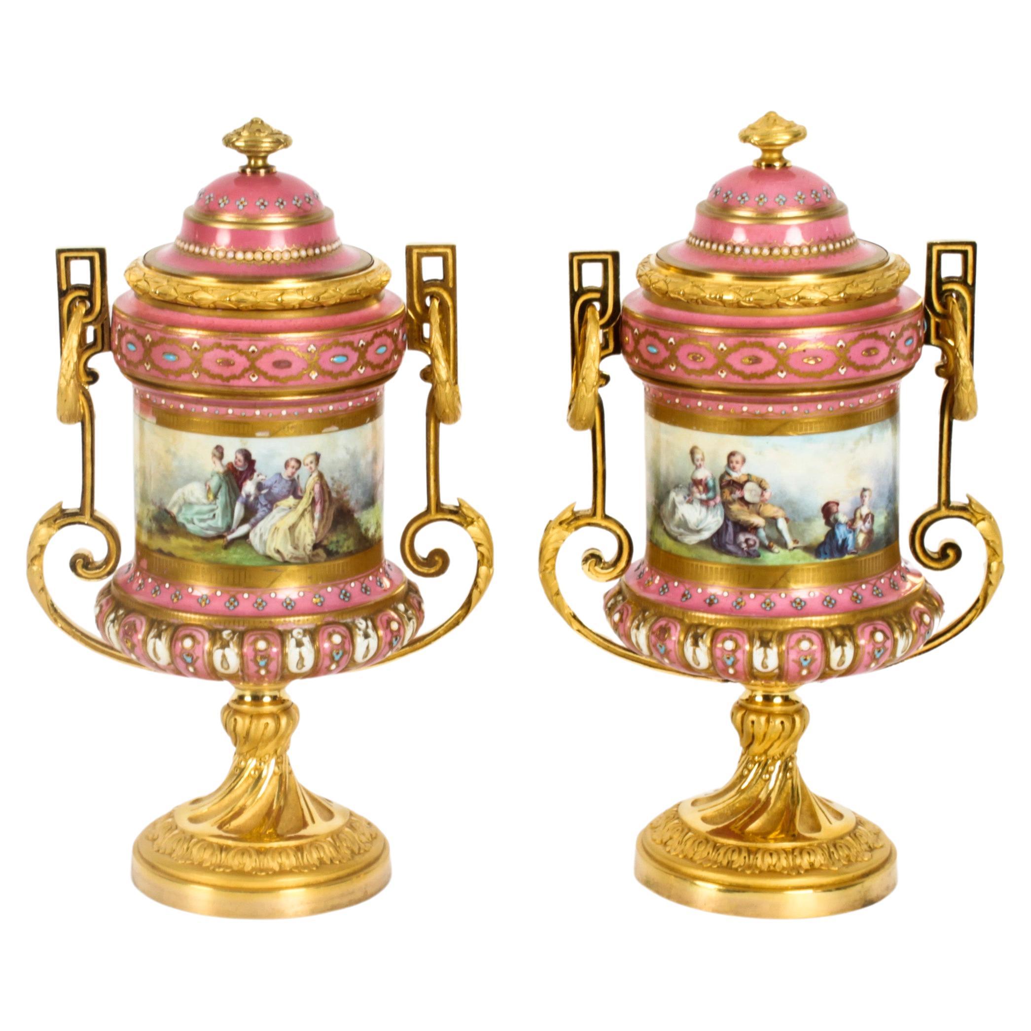 Antique Pair French Ormolu Mounted Pink Sevres Lidded Vases, 19th C For Sale