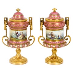 Antique Pair French Ormolu Mounted Pink Sevres Lidded Vases, 19th C