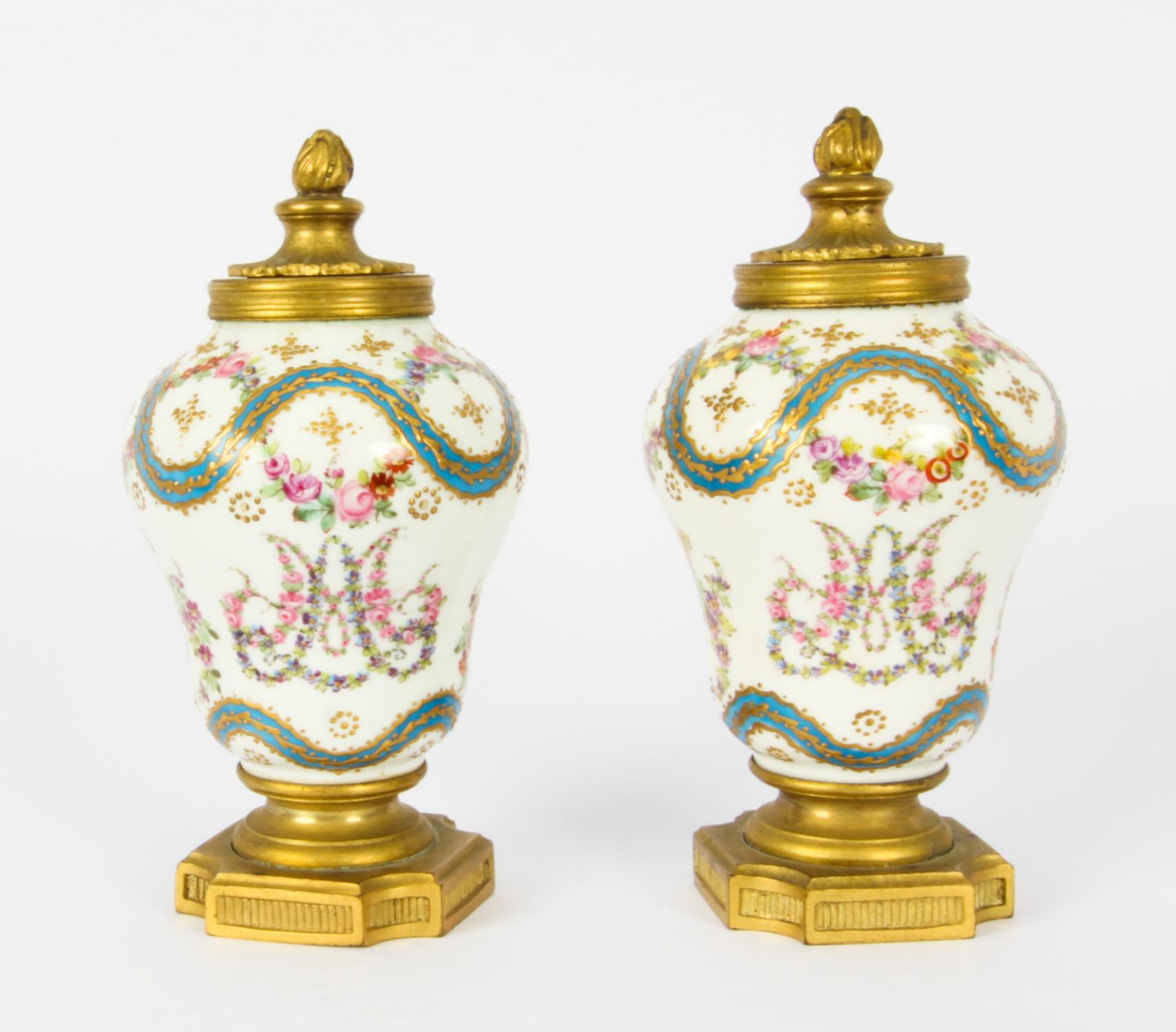 Antique Pair French Ormolu Mounted Sevres Lidded Vases Mid 19th C 13