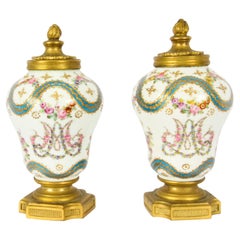 Antique Pair French Ormolu Mounted Sevres Lidded Vases Mid 19th C