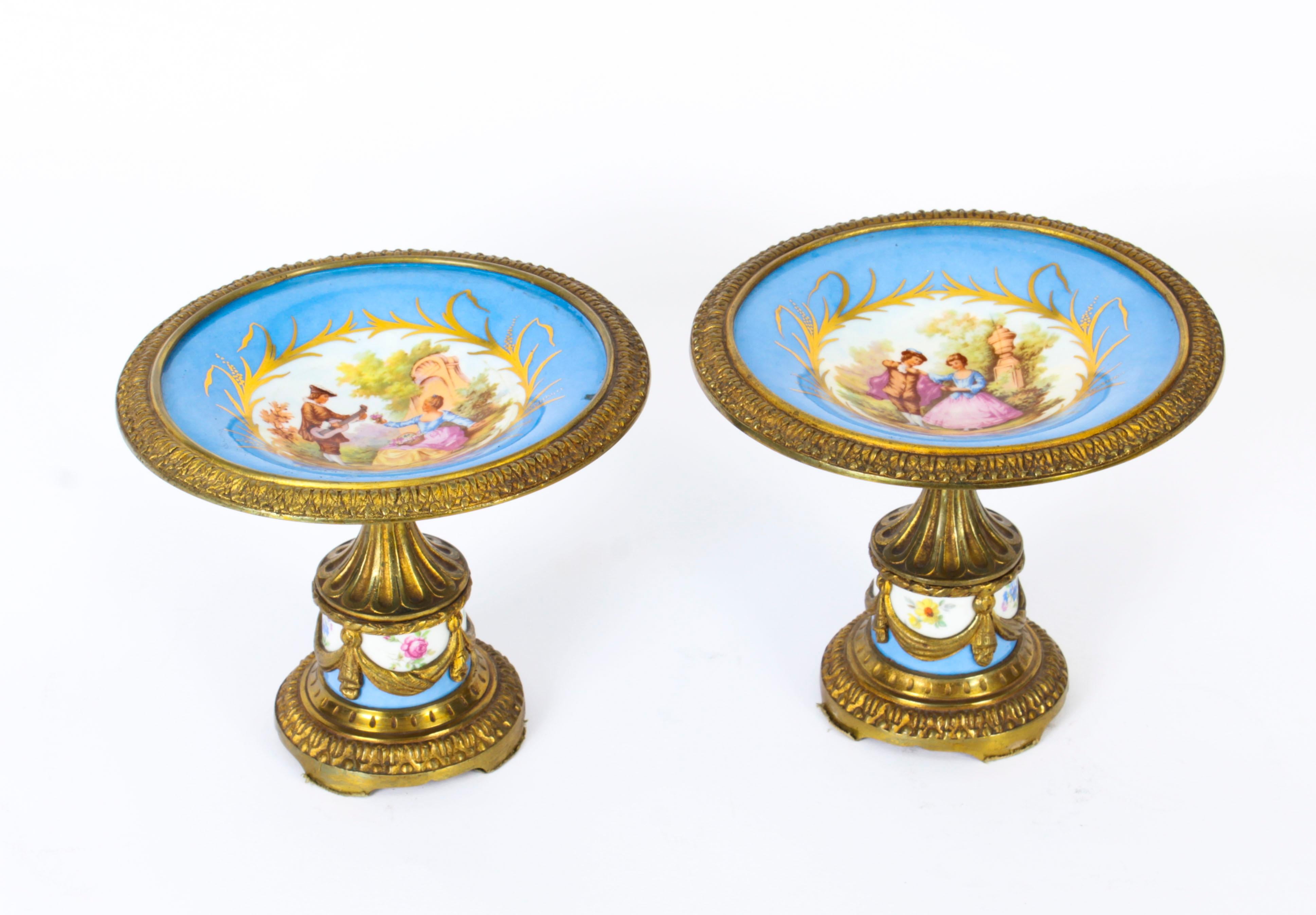 Antique Pair French Ormolu Mounted Sevres Porcelain Tazzas 19th C In Good Condition In London, GB