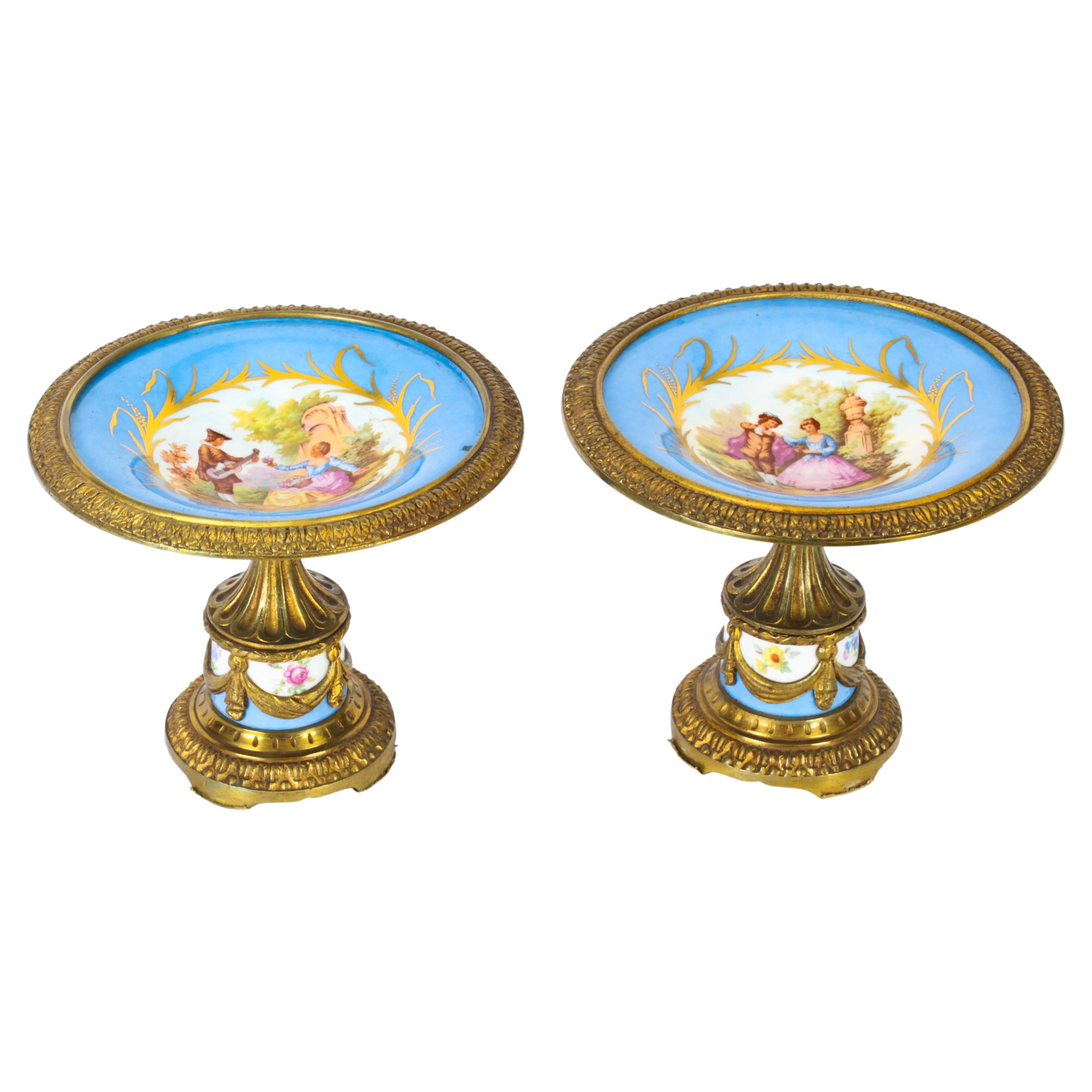 Antique Pair French Ormolu Mounted Sevres Porcelain Tazzas 19th C