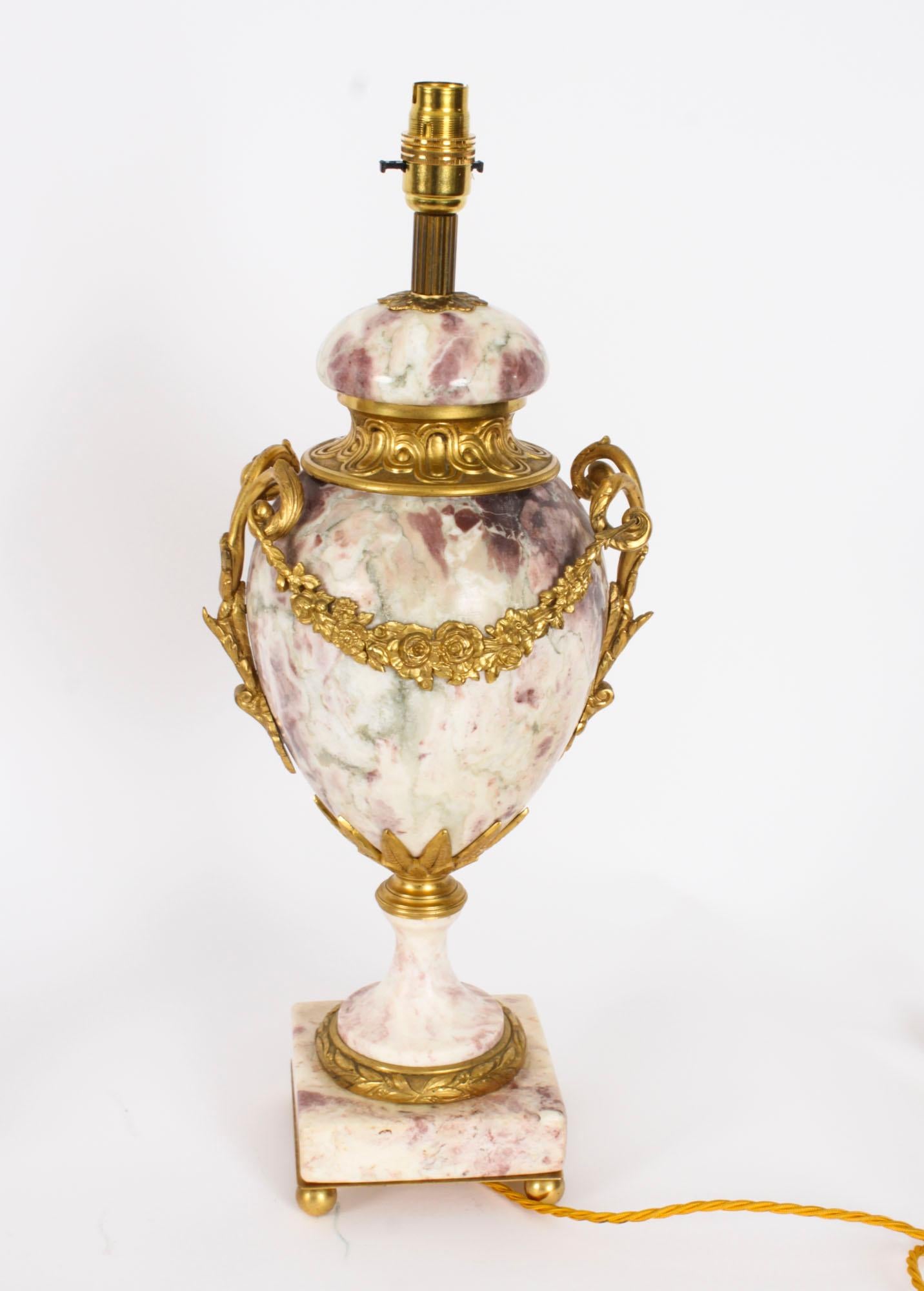 Antique Pair French Ormolu Mounted Variegated Marble Table Lamps 19th Century For Sale 7