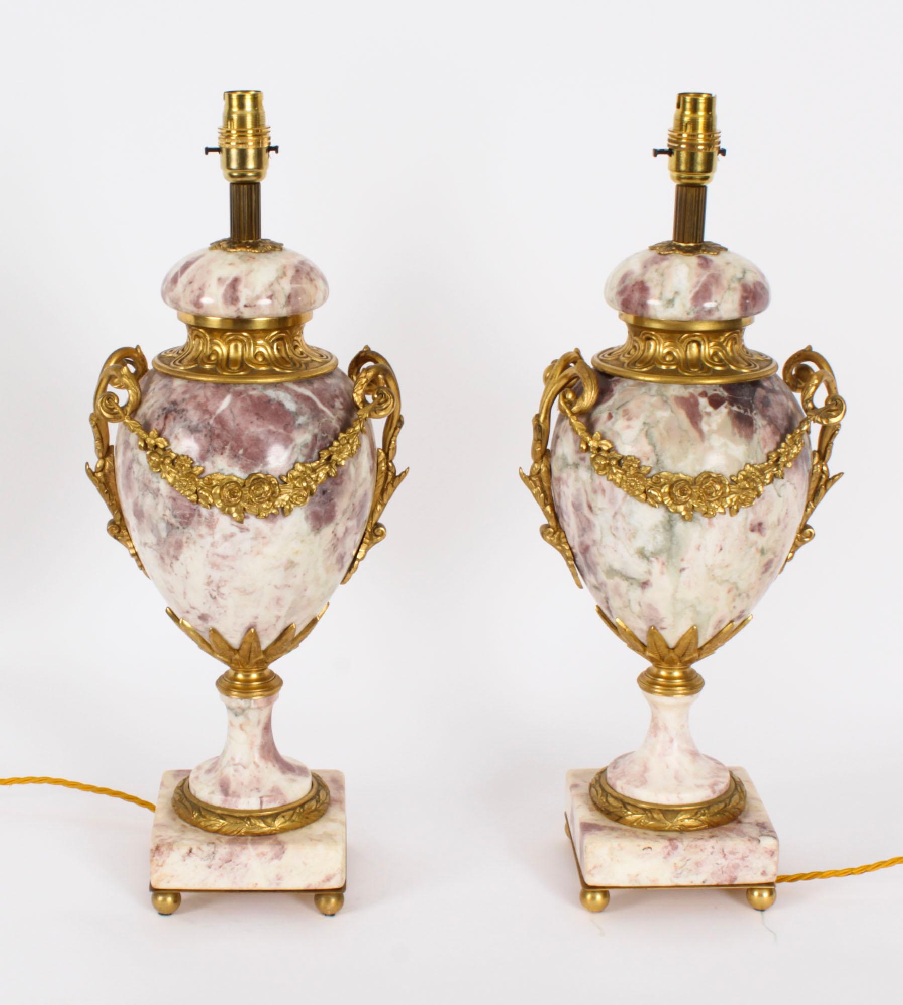 Antique Pair French Ormolu Mounted Variegated Marble Table Lamps 19th Century For Sale 12