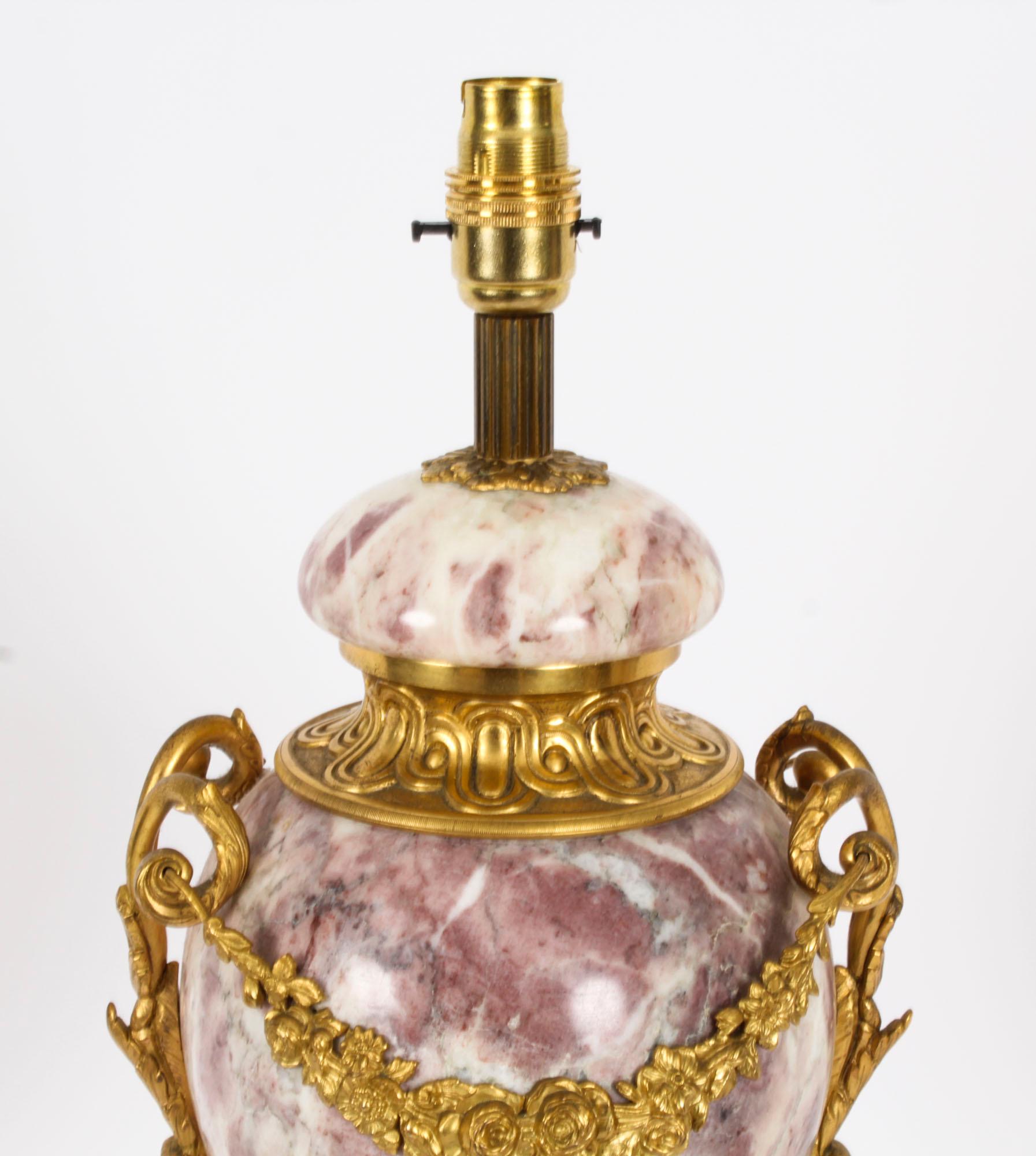 Antique Pair French Ormolu Mounted Variegated Marble Table Lamps 19th Century For Sale 1