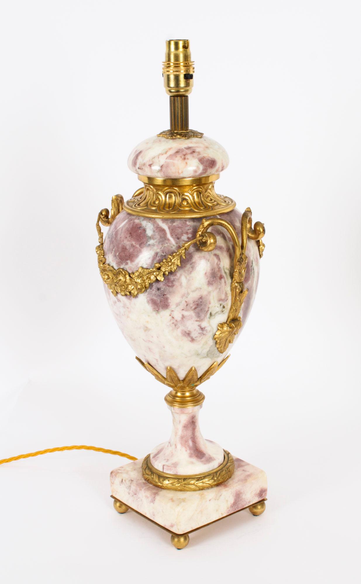 Antique Pair French Ormolu Mounted Variegated Marble Table Lamps 19th Century For Sale 3