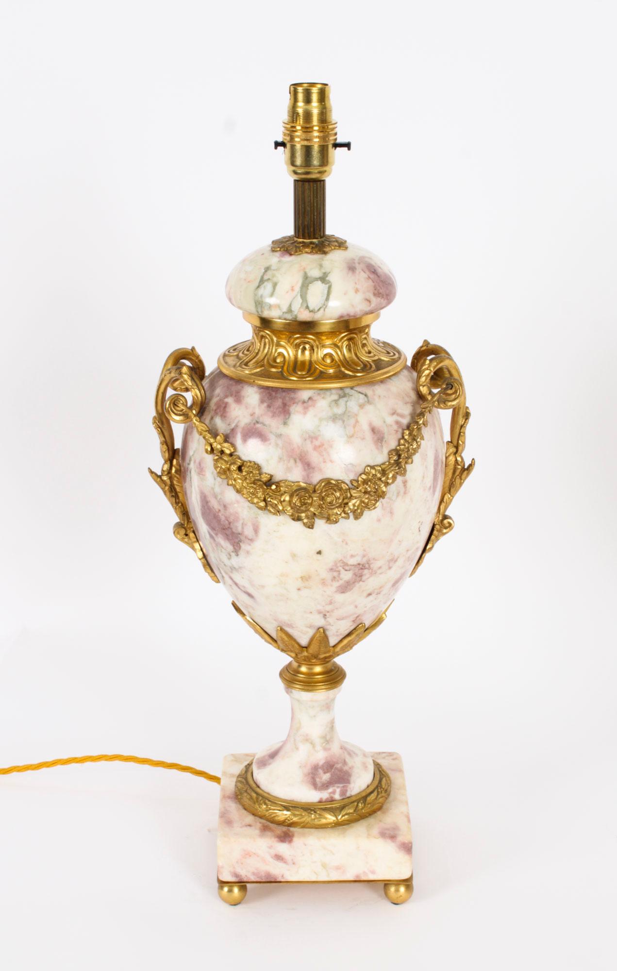 Antique Pair French Ormolu Mounted Variegated Marble Table Lamps 19th Century For Sale 5