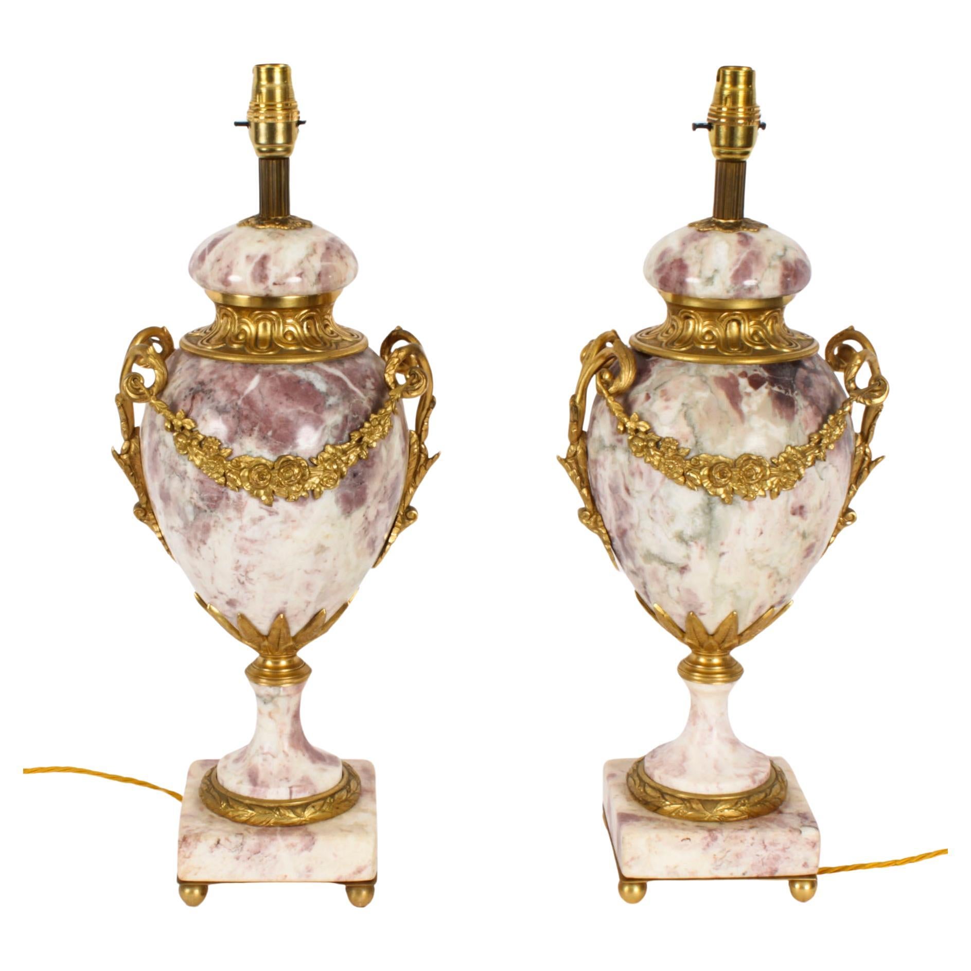 Antique Pair French Ormolu Mounted Variegated Marble Table Lamps 19th Century For Sale