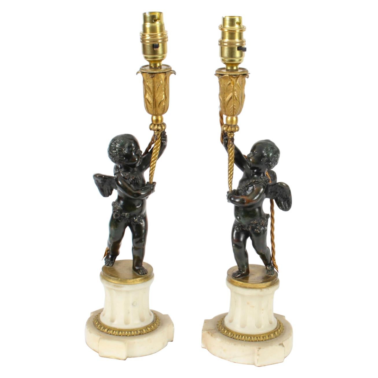 Antique Pair of French Ormolu & Patinated Bronze Cherub Table Lamps 19th C
