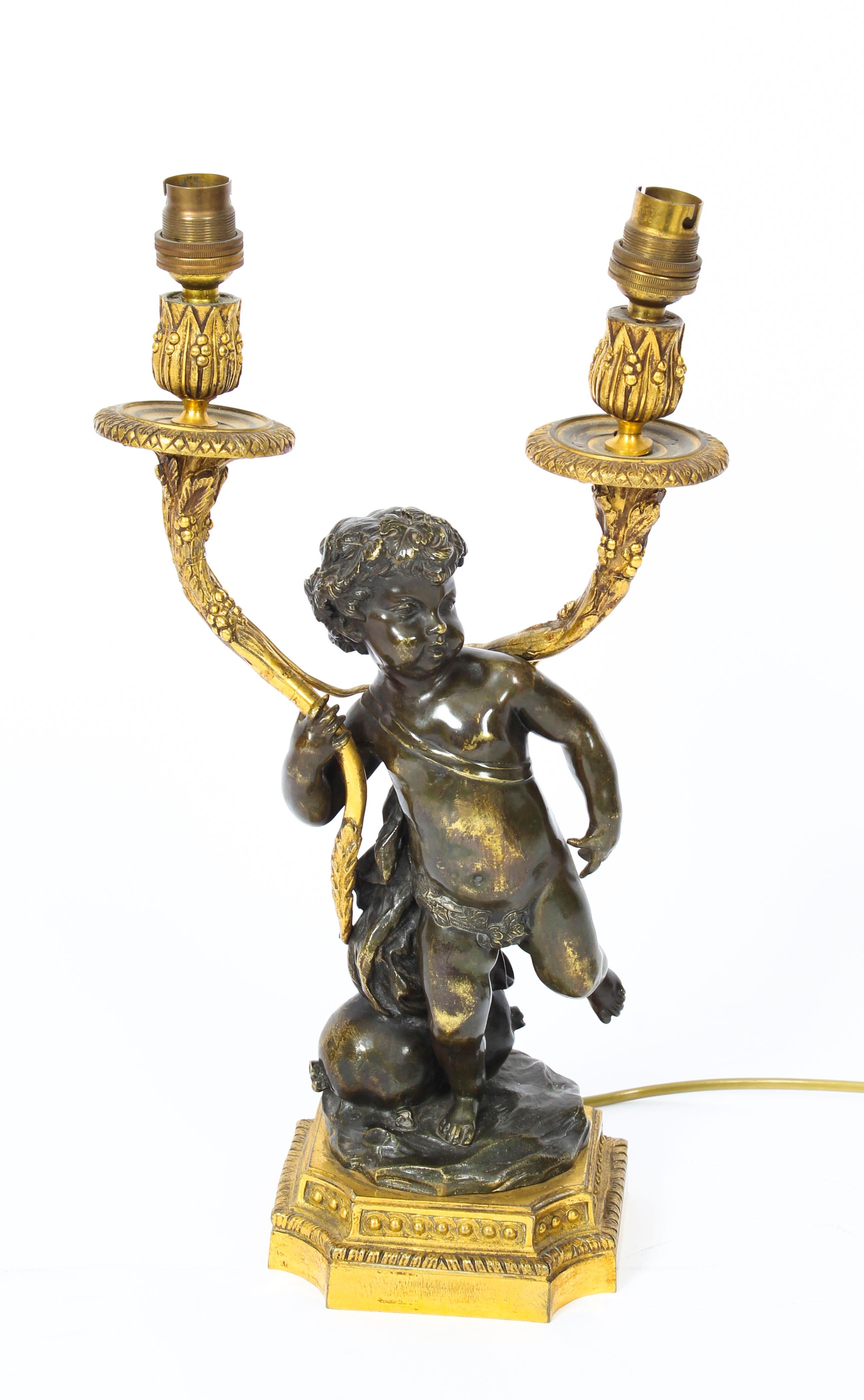 Pair of French Ormolu and Patinated Bronze Cherubs Table Lamps 19th Century 6