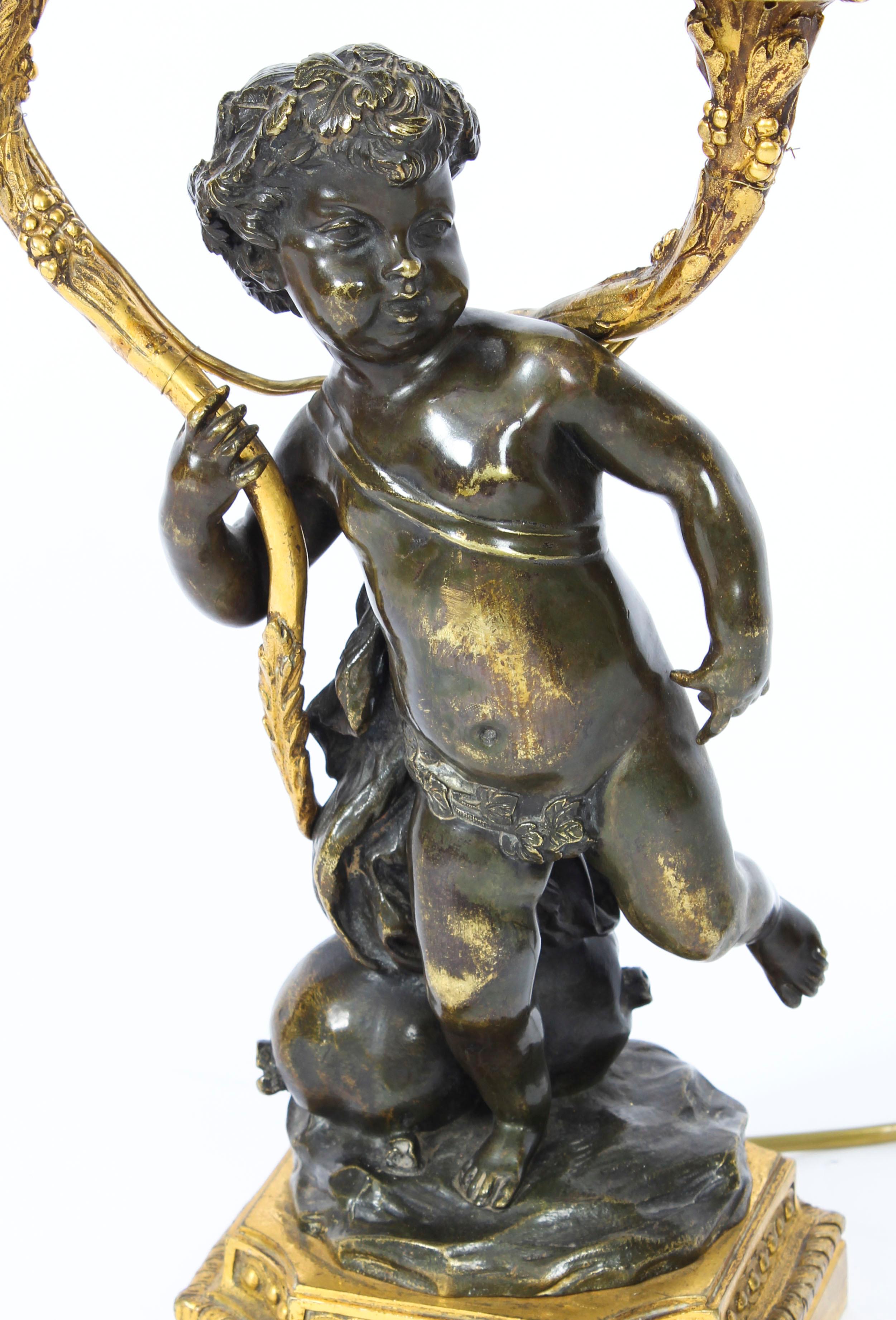 Pair of French Ormolu and Patinated Bronze Cherubs Table Lamps 19th Century 8