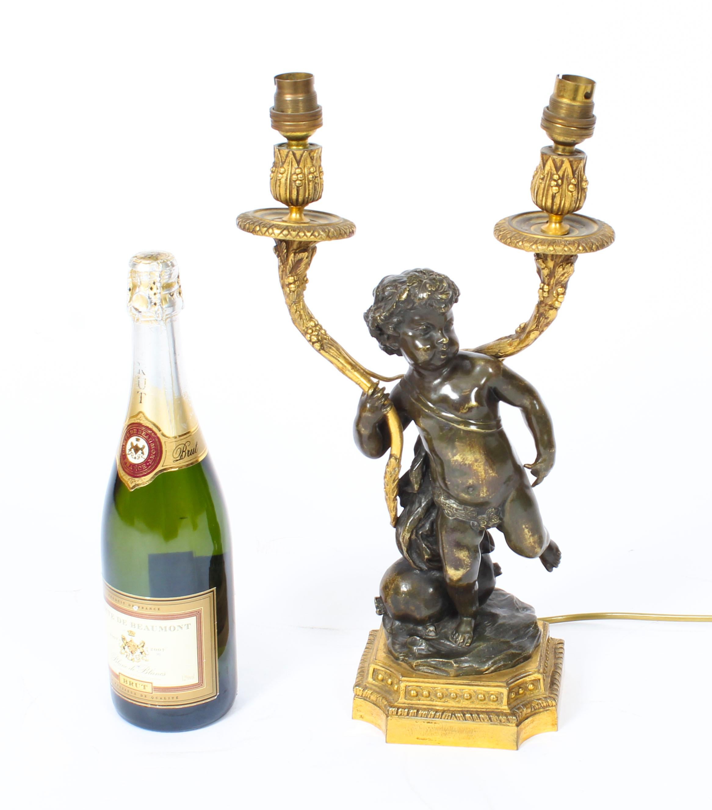 Pair of French Ormolu and Patinated Bronze Cherubs Table Lamps 19th Century 11