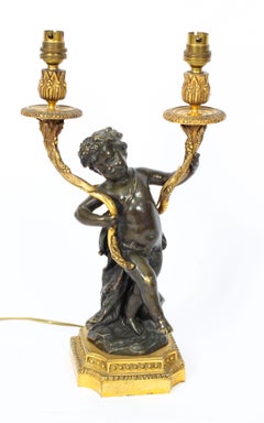 Pair of French Ormolu and Patinated Bronze Cherubs Table Lamps 19th Century