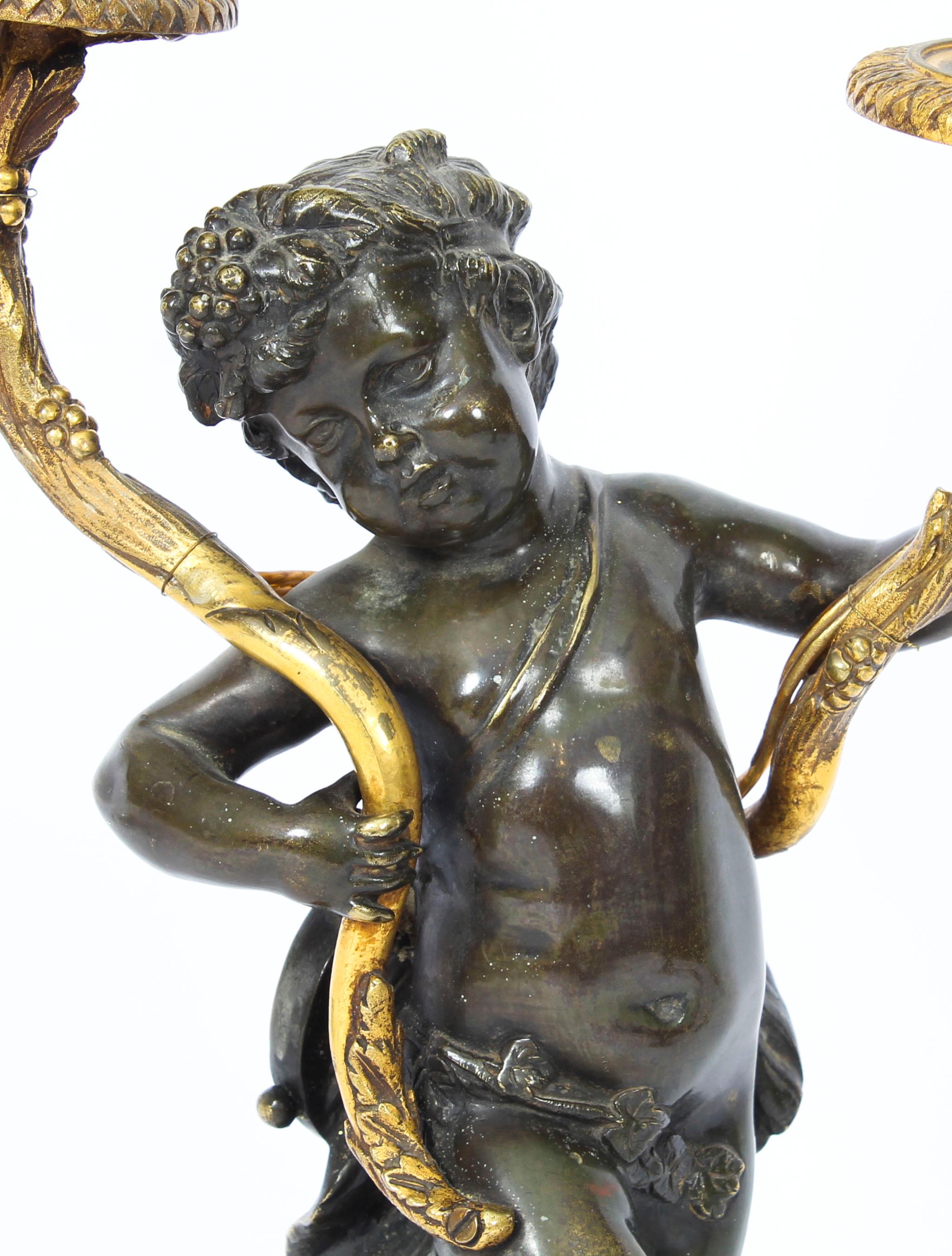 Pair of French Ormolu and Patinated Bronze Cherubs Table Lamps 19th Century 1