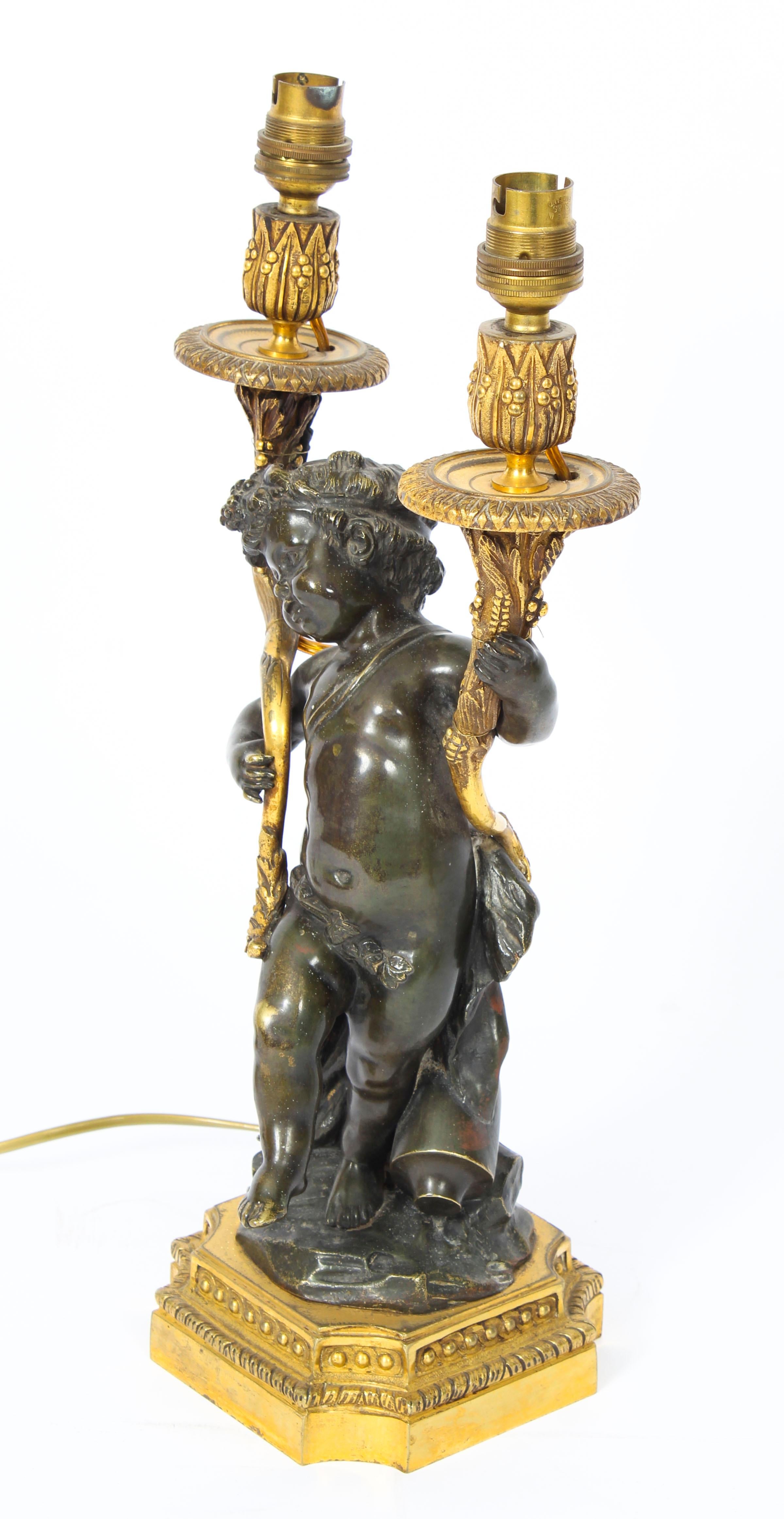 Pair of French Ormolu and Patinated Bronze Cherubs Table Lamps 19th Century 4