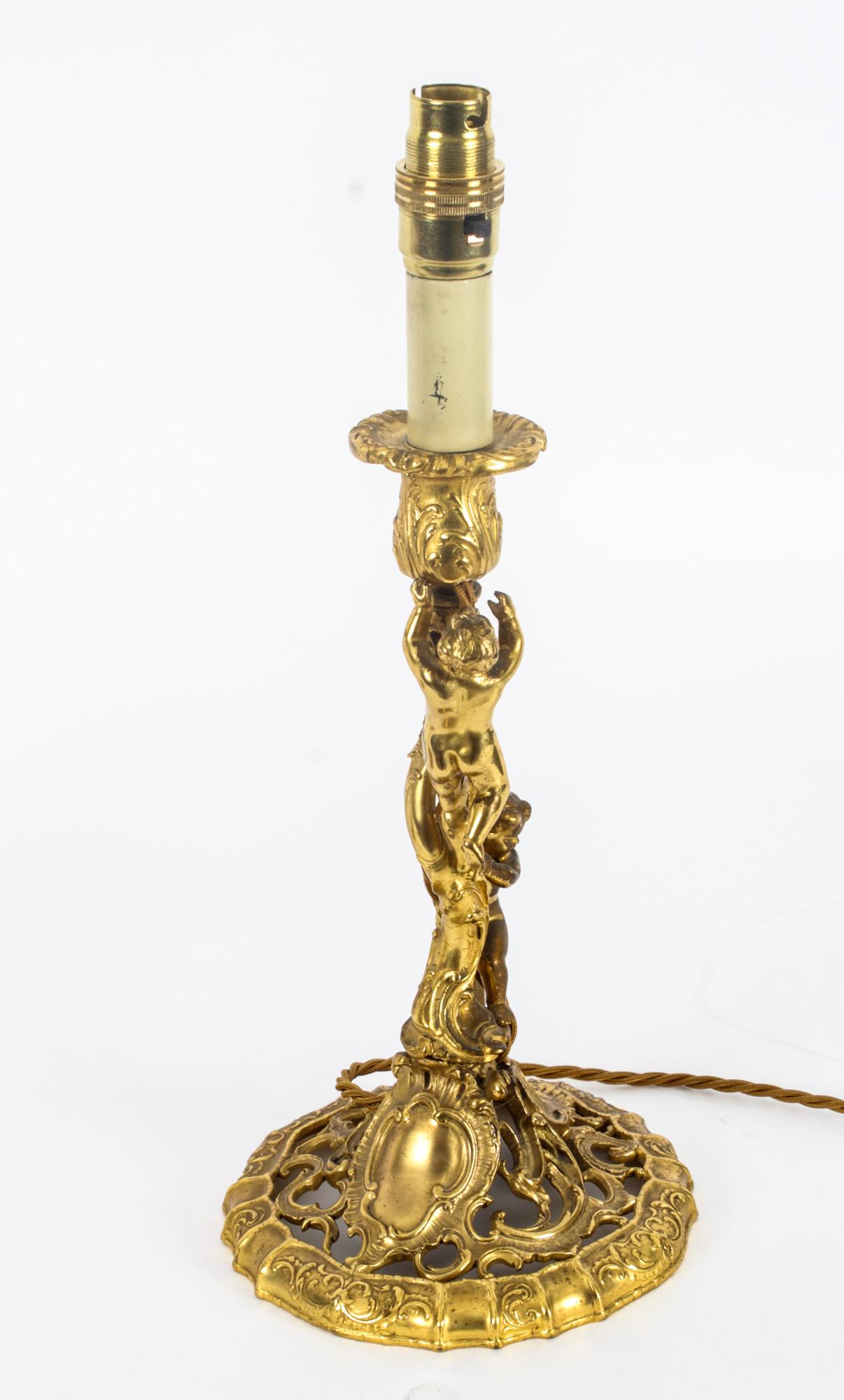 Antique Pair French Ormolu Rococo Cherub Table Lamps 19th Century 1