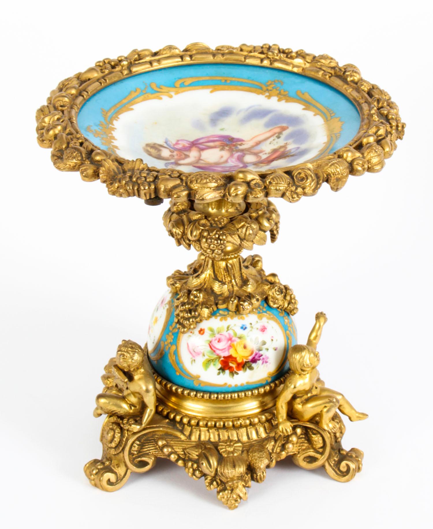 Antique Pair French Ormolu & Sevres Bleu Celeste Tazza's 19 century In Good Condition In London, GB