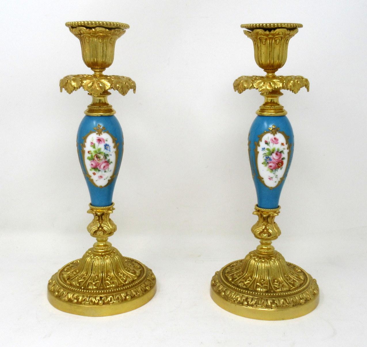 Regency Antique Pair of Ormolu Sevres Porcelain Gilt Bronze Candlesticks Candelabra