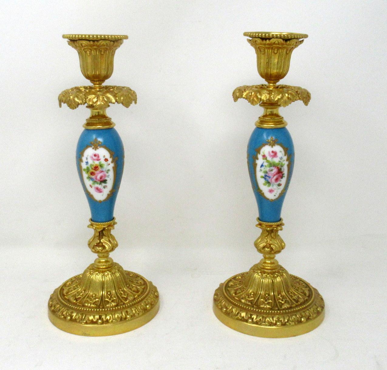 French Antique Pair of Ormolu Sevres Porcelain Gilt Bronze Candlesticks Candelabra