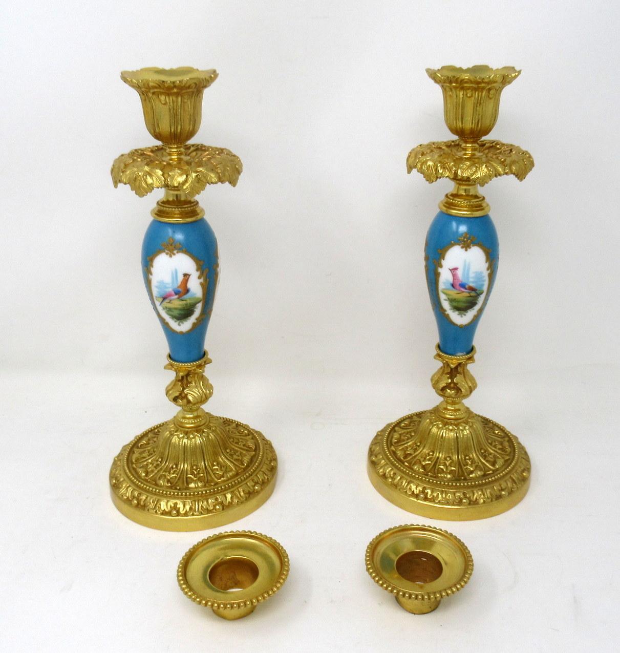 Cast Antique Pair of Ormolu Sevres Porcelain Gilt Bronze Candlesticks Candelabra