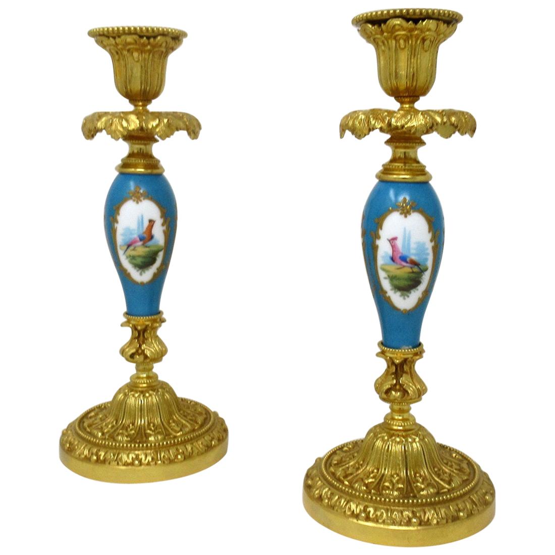 Antique Pair of Ormolu Sevres Porcelain Gilt Bronze Candlesticks Candelabra