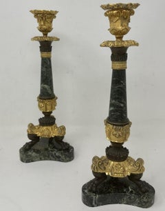 Antique Pair French Ormolu Verde Antico Marble Victorian Candlesticks Candelabra