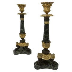 Antique Pair French Ormolu Verde Antico Marble Victorian Candlesticks Candelabra