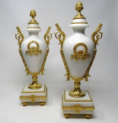 Antique Pair of French Ormolu White Cream Marble Garniture Vases Urns