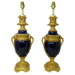 Vintage Pair French Porcelain Ormolu Dore Bronze Electric Urns Vases Table Lamps