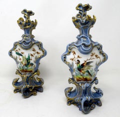 Antique Pair French Porcelain Scent Perfume Bottles Jacob Petit Celest Blue Gilt