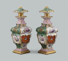 Antique Pair French Porcelain Scent Perfume Bottles Jacob Petit Green Red Gilt