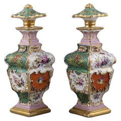 Antique Pair French Porcelain Scent Perfume Bottles Jacob Petit Green Red Gilt