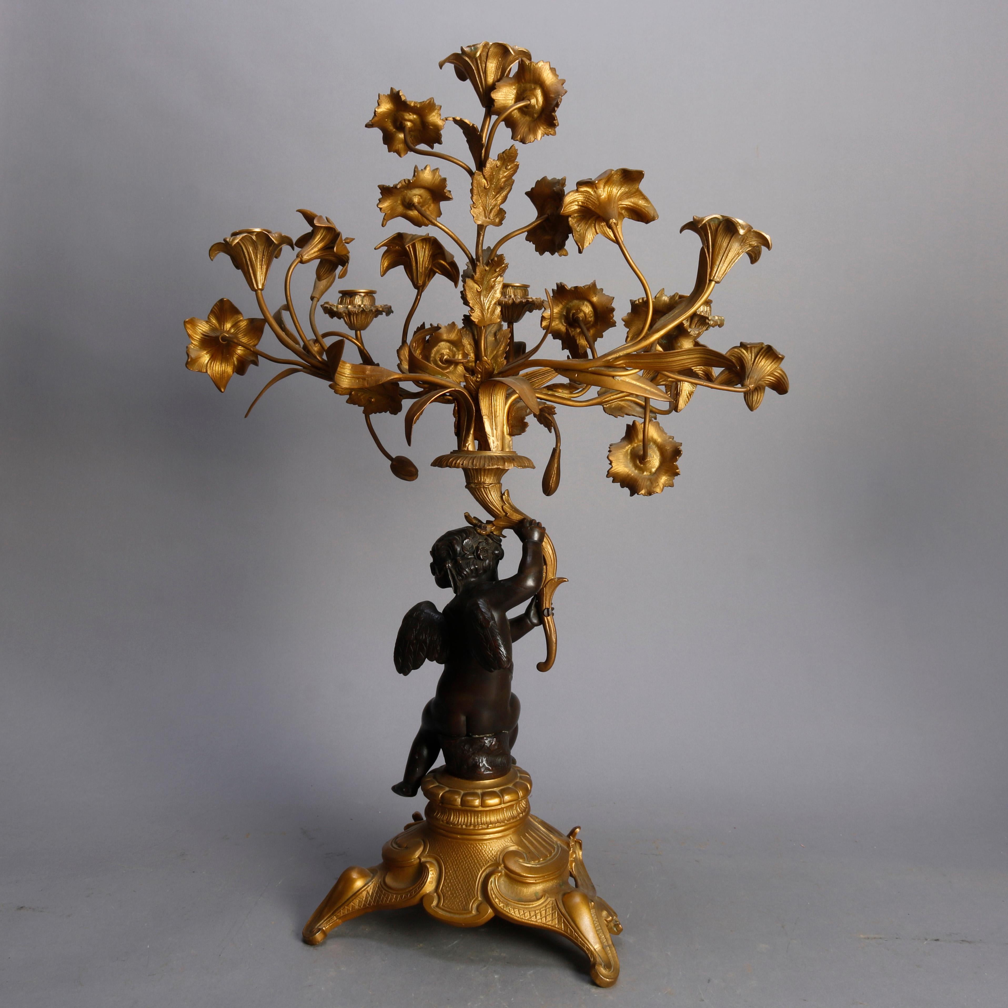 Metal Pair of French Rococo Figural and Floral Parcel-Gilt Candelabra, 19th Century